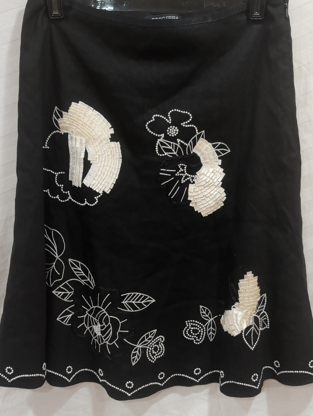Etcetera Black A-Line Skirt with White Floral Embellishment Size 2